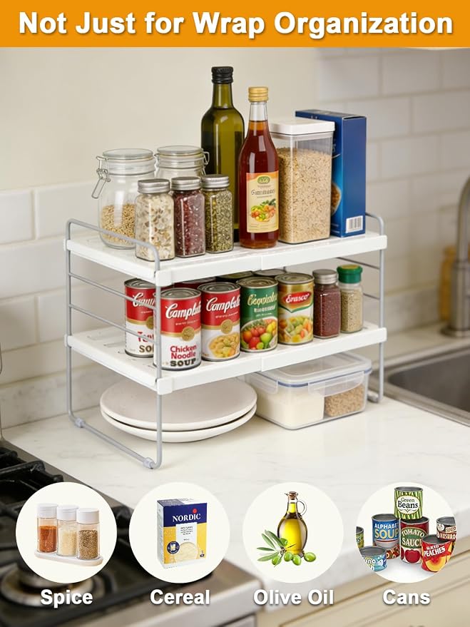 JUPELI Foil and Plastic Wrap Organizer, Expandable Kitchen Pantry Storage, Height Adjustable Cabinet Rack for Kitchen Organization, Aluminum Foil -3 Tier 9.8" to 15.6"L - Image 5
