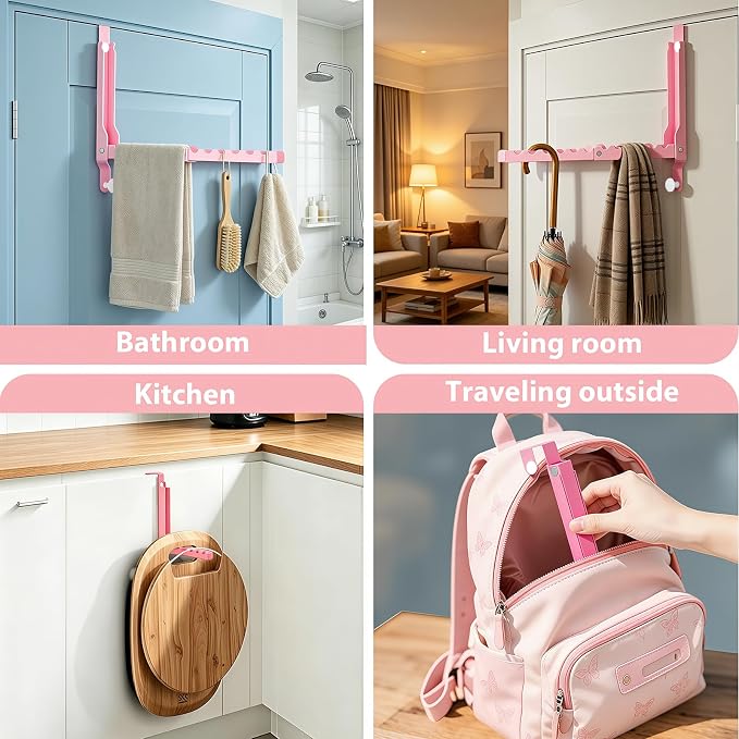 Pink Over the Door Hooks,Foldable Over the Door Hanger for Clothes | Heavy-duty for up to 1 3/4" thick door, with 11 slots for hanging clothes, perfect for laundry rooms and bedrooms to hang - Image 5