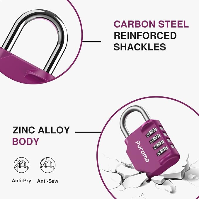 Puroma 2 Pack Combination Lock Locker 4 Digits Combo Padlock Gym Red-Violet | For School Gate Fence Toolbox Hasp Storage, Outdoor, Resettable, Weatherproof, Side Window, Crack Cut Resist, Hardened Steel - Image 4