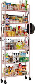 6-Tier Slim Storage Cart, Rolling Kitchen Cart with Wheels | Narrow Metal Shelf Organizer with Hooks for Kitchen, Bathroom, Living Room, Laundry, Small Spaces, Pink, 6 in by VKTO