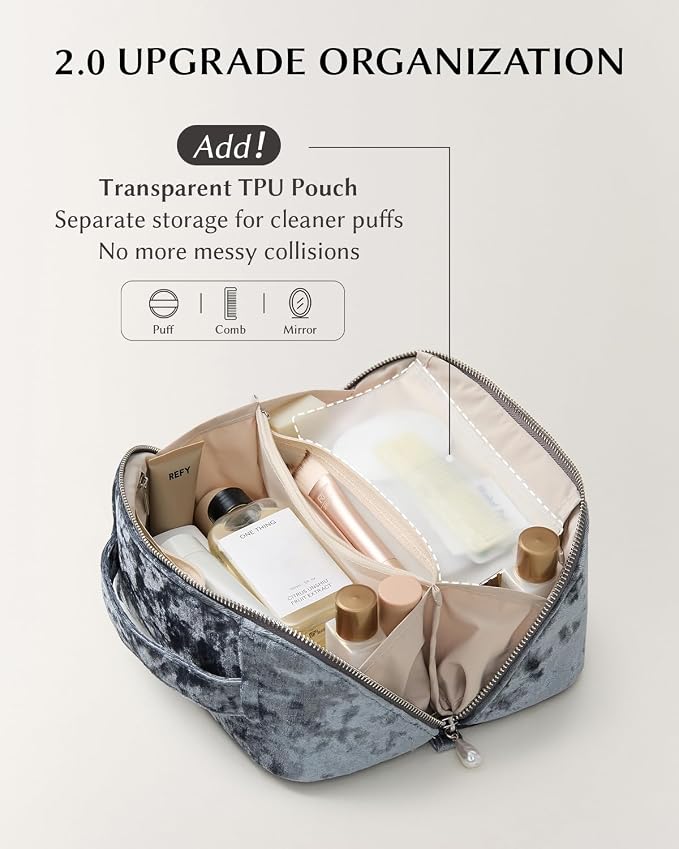 EACHY Velvet Travel Makeup Bag for Women, Flat Open Cosmetic Organizer | Velvet cosmetic organizer with two clear TPU brush pockets and extra storage for makeup, toiletries and travel essentials - Image 4