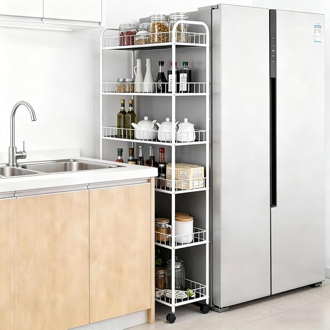 10in 6 Tier Slim Storage Cart with Wheels,White Narrow Space Rolling Shelving Unit, Metal Wire Mobile Organizer Rack for Kitchen Bathroom Office Laundry - Image 2