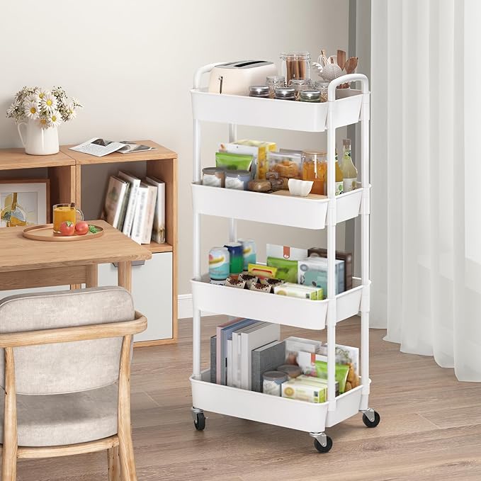 Sywhitta 4-Tier Plastic Rolling Utility Cart with Handle, Multi-Functional Storage Trolley for Office, Living Room, Kitchen, Movable Storage Organizer with Wheels, White (Pack of 2) - Image 4