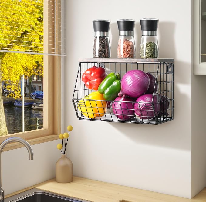 Wawocs Fruit Basket for Kitchen Counter, Fruit Bowl Stackable Wall Mounted Hanging Fruit Basket Wire Basket with Wood Lid with Banana Hanger Hooks, Onion,Potato,Fruit and Vegetable Storage - Image 2