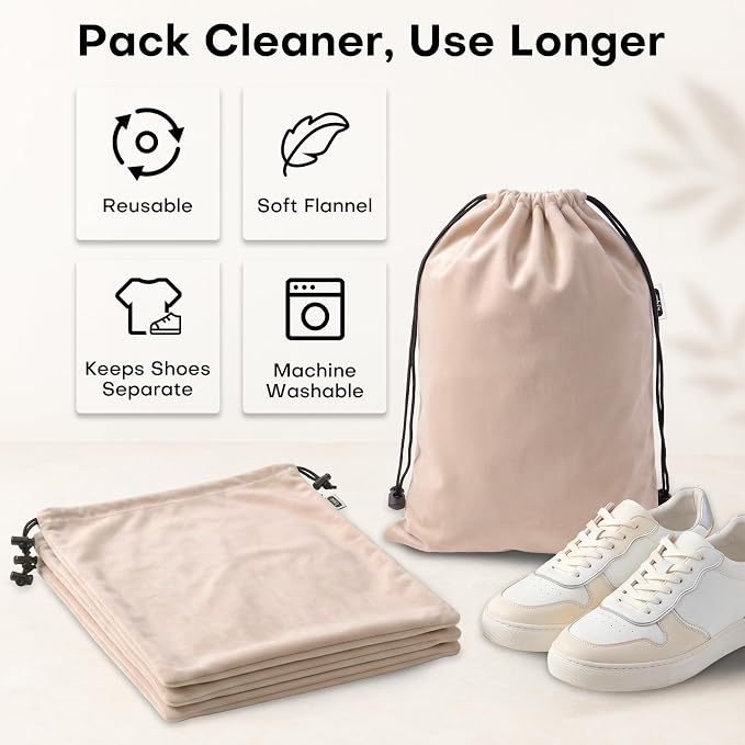 Travel Shoe Bags, 4 Pack Large Flannel Drawstring Bags (Camel Beige) | Soft Flannel fabric, 17.7 x 13.8 in, Fits up to Men's 13, Machine Washable - Image 7