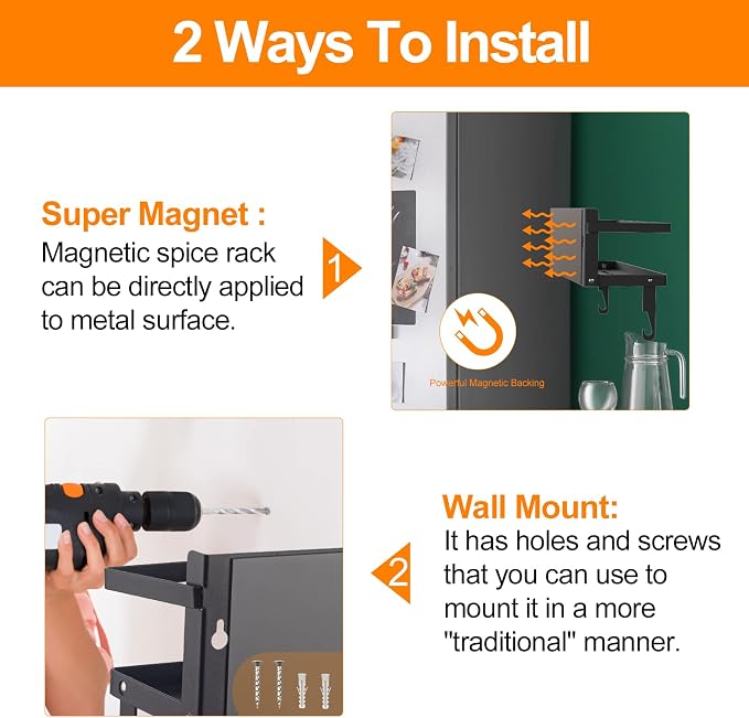 Spice Rack Magnetic Shelf, Foldable Refrigerator Magnetic Spice Holder, Wall Mounted Seasoning Organizer Hanging Spice Storage Stand with Paper Towel Holder Roll & Hooks - Image 4