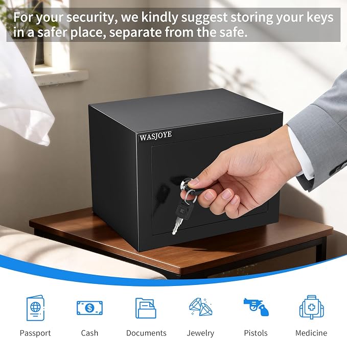 Small Safe with Key for Money, 0.25 Cu Ft Key Lock Box (Black) | Small Safe Box Coffre Fort for Money Cash Jewelry Medicine Passport, Steel High Security Safety Box - Image 7