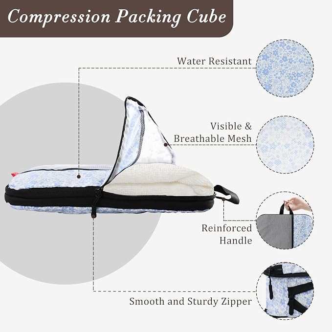U+U 8 Set Compression Packing Cubes, Travel Organizers (Blue Flower) | Space-Saving & Lightweight Travel - Image 2
