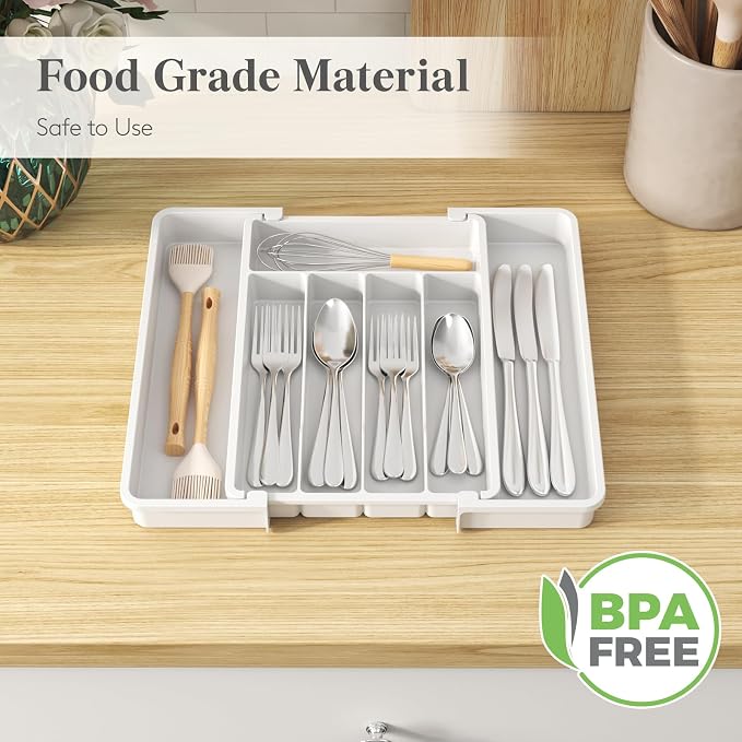 Lifewit Expandable Silverware Drawer Organizer, Kitchen Utensil Tray | BPA-free Plastic Flatware Cutlery Holder, Space-Saving Storage for Spoons Forks Knives, 8.5-14 x 12 x 1.5“, White - Image 6