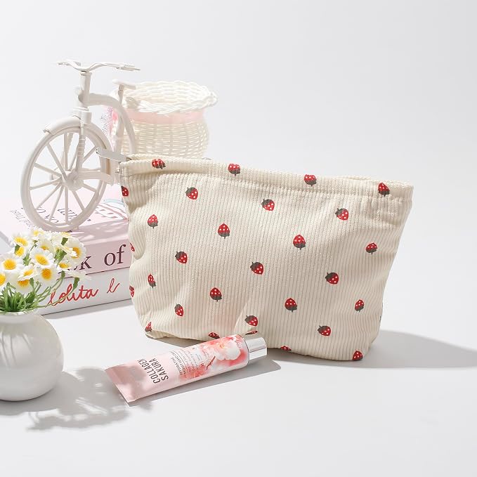 Cosmetic Bags for Women - Corduroy Cosmetic Bag Aesthetic Women Handbags Purses Smile Dots Makeup Organizer Storage Makeup Bag Girls Case Bags (Flowers-Beige strawberry) - Image 2