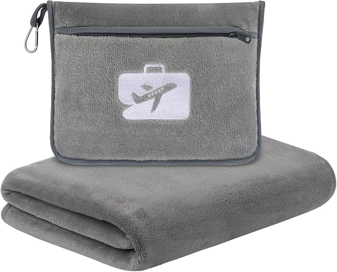 Travel Pillow and Blanket 2-in-1 Airplane Pillow Grey 60x50 Inch | Plane Packable, Airplane Travel Essentials, Soft Warm Lightweight Flannel Blanket Compo, Hand Luggage Sleeve&Backpack Clip by SINLAND