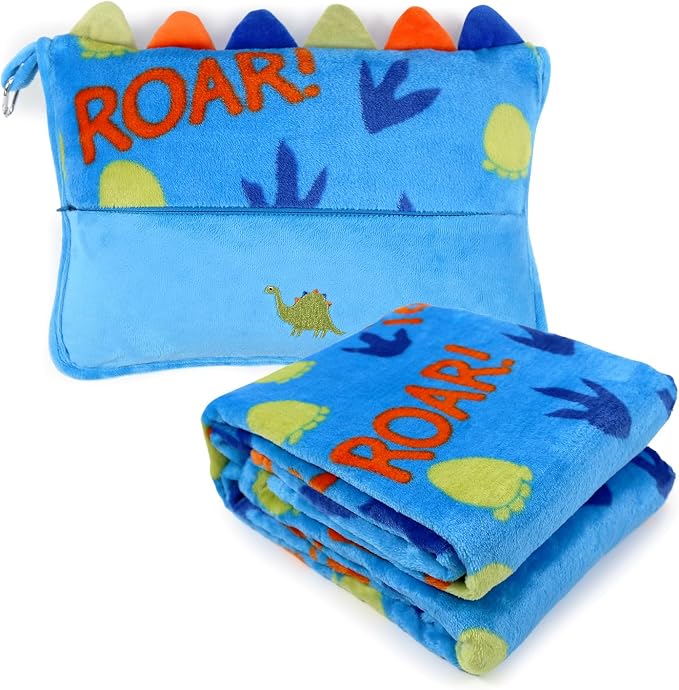 3 in 1 Travel Pillow and Blanket Set for Kids | Soft Travel Blanket Airplane Campact with Bag,Pillow Blanket for Boys with a Pocket,Backpack Clip, Luggage Sleeve (Dinosaur) by VigorSpring