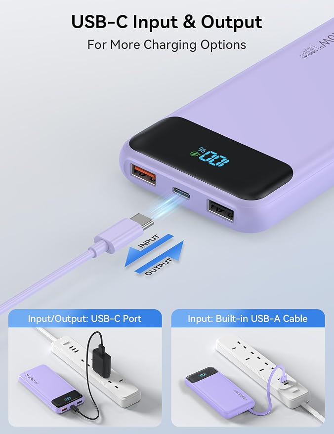 Nusyddy Portable Charger 10000mAh 22.5W w/4 Built-in Cables/6 Outputs Purp. | 22.5W Fast Charging, LED Display, Pass Through Charging, Charge 6 Devices at once, TSA Approved, Fits iPhone, iPad, Samsung - Image 6