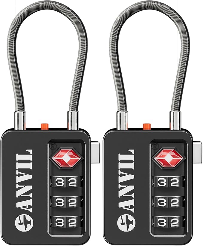 ANVIL TSA Locks for Luggage with Search Alert: Durable Cable Combination Locks, TSA Approved - Secure Travel Locks for Suitcases, Backpacks & Gun Cases (2, Black) by ANVIL
