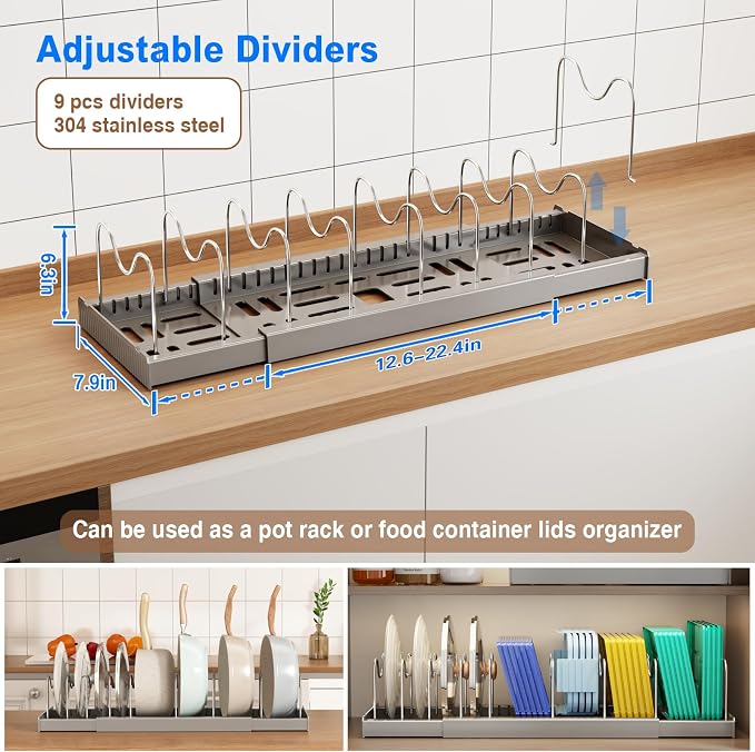 Mustorn 2 Pack Pots and Pans Organizer Under Cabinet, 22" Expandable Food Storage Container Lid Organizers with 9 Adjustable Dividers Pot and Pan Lid Holders Rack Inside Cabinet/Countertop(Gray) - Image 2