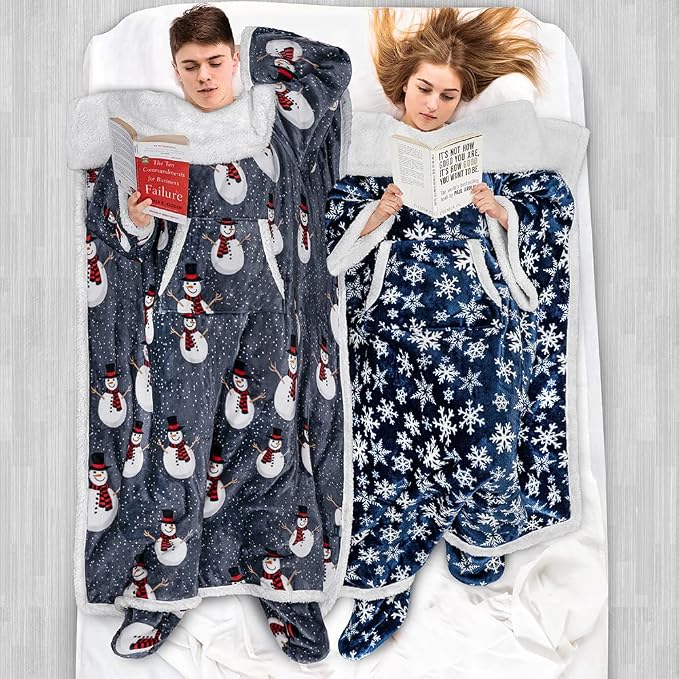 PAVILIA Sherpa Blanket with Sleeves, Foot Pocket for Women Men Adults, Thick Wearable Blanket Throw Wrap, Fleece Warm Snuggle Blanket Robe, Cozy Gift Ideas Wife Mom, Snowman Gray - Image 5