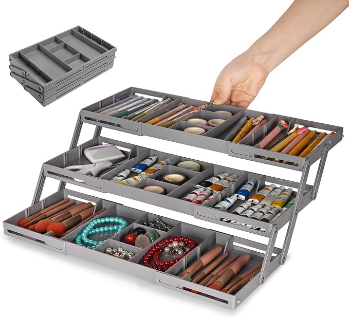 3 Tier Drawer Organizer Versatile Expandable Junk Drawer Organizer Grey | Multi-level Desk Organizer for Makeup, Jewelry, Cosmetics, Kitchen Storage, Smart Office Supply Drawer Storage for Gifts by Lucasden