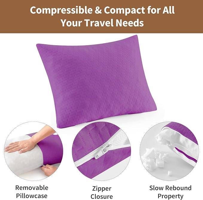 Small Shredded Memory Foam Pillow, Camping Pillow Travel Pillow - Compressible Medium Firm, Breathable Cover, Ideal Backpacking Hiking, Airplane and Car (Purple, M) - Image 5