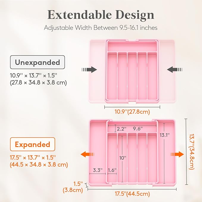 Lifewit Expandable Silverware Drawer Organizer, Kitchen Utensil Tray | BPA-free Plastic Flatware Cutlery Holder, Space-Saving Storage for Spoons Forks Knives, 11-18 x 14 x 1.5“, Pink - Image 2