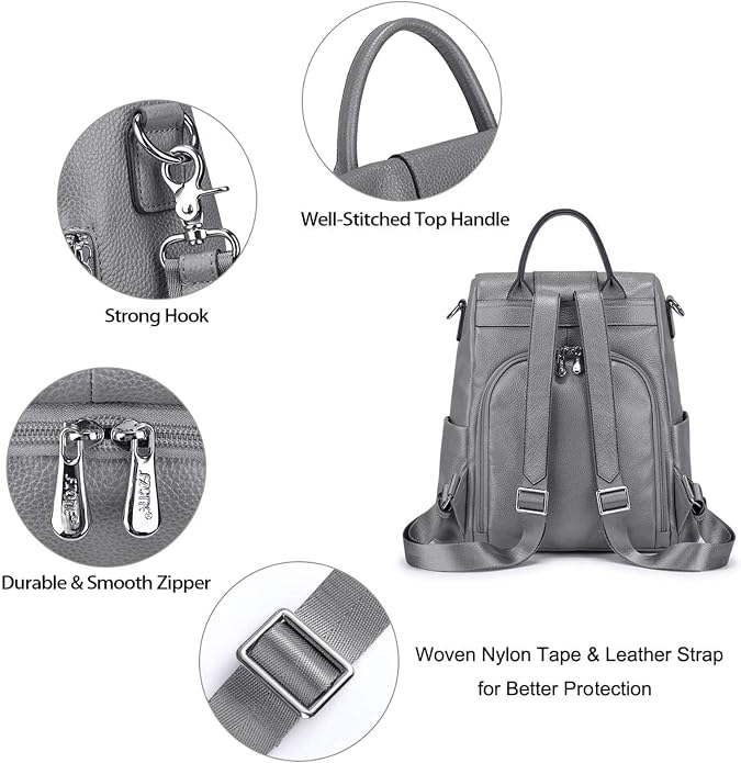 S-ZONE Leather Backpack Purses for Women Antitheft Rucksack Shoulder Bag Medium | Genuine Leather, Medium Fits 9.7-inch Tablet, for Work Travel Daily Commute, Multi Pockets, Adjustable Dual Straps - Image 5