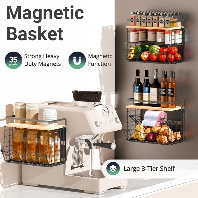 Magnetic Shelf for Fridge with Wood Lid, Fruit Potato and Onion Storage Bins, Kitchen Large Container Magnetic Spice Rack for Refrigerator, Kitchen Counter, Tools, Snack (BLACK, 2 Pack) - Image 2