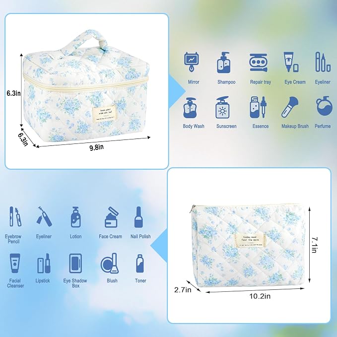 URSKYTOUS 2Pcs Cotton Quilted Makeup Bag for Women Girls Large Small Travel Floral Cosmetic Bags Set Cute Coquette Zipper Makeup Pouch for Purse Aesthetic Cloth Flower Storage Toiletry Bag Organizer - Image 2