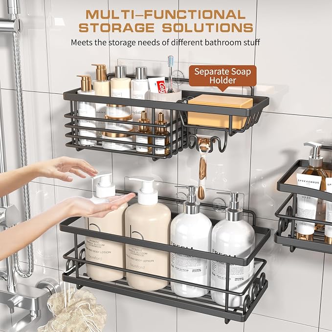 Youvip Shower Caddy, 3 Pack, Black | Large Capacity, No Drilling Adhesive, Rustproof Shelves, Soap Holder - Image 3