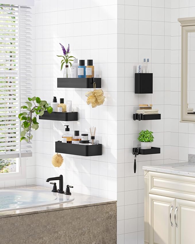 Kitsure Large Shower Caddy - Adhesive 6-Pack Bathroom Shelves, Black | No-Drilling Rustproof Shelves with Soap Holder, Toothbrush Holder, 6 Hooks, Stylish Bathroom Organizers and Storage Solution - Image 4
