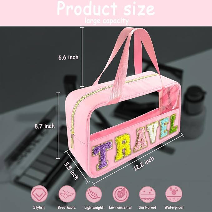 Bunliuys Chenille Letter Clear Makeup Bag Travel Patch, Travel Toiletry Makeup Bag with Handle, Nylon Waterproof Makeup Bags clear cosmetic bag, preppy patch makeup bag for Women (TRAVEL-Pink) - Image 2