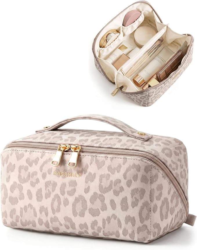 BAGSMART Makeup Bag Travel Cosmetic Bag,Women Toiletry Case, Pink Leopard | Make Up Bag Flat Open Toiletry Bag for Women, PU Leather Travel Essentials Wide-open Skincare,Brushes Organizer Case Large by BAGSMART