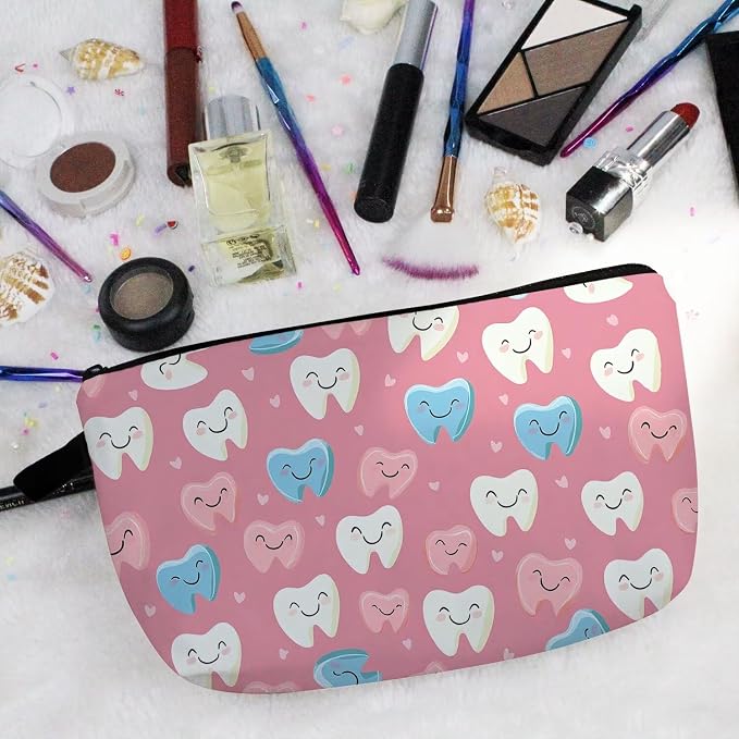 Livel lhood Pink Backgrpund Cartoon Teeth Small Makeup Zipper Bag | Cartoon Teeth Printed Cosmetic Organizer Pouch, Cartoon Teeth Gift for Women Friends - Image 5