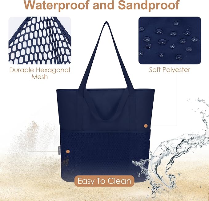 KABAQOO Large Beach Bag Waterproof Sandproof Tote Bag for Women with Zipper & Mesh Pockets for Pool Swim Travel Everyday | waterproof - Image 4