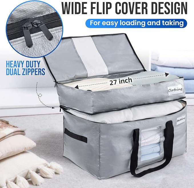 TAILI 2 Tier Moving Bags,2 Pack Silver Storage Bags with Visible Window | XXL Heavy Duty Totes For Home Storage,Wrap Around Handles,Storage Bags for College Dorm, Alternative to Moving Boxes - Image 2