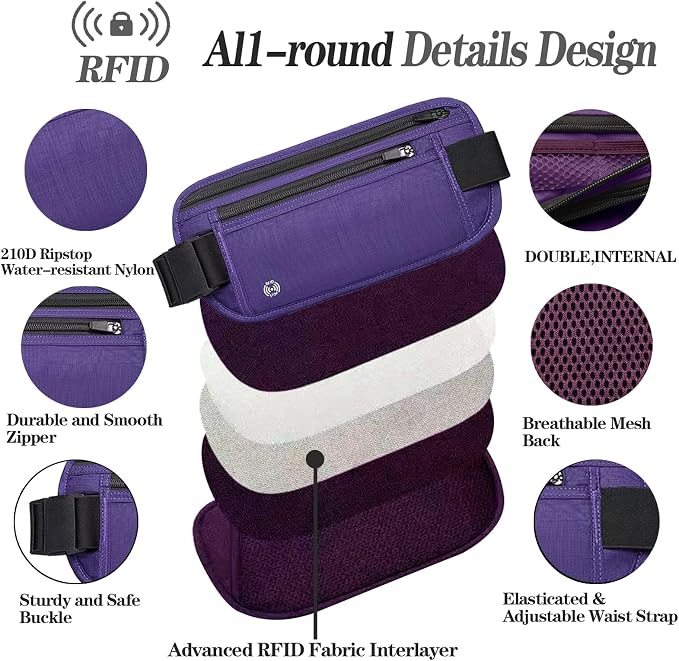 Purple Hidden Money Belt for Travel for Men, Waist Wallet Anti Theft, RFID Passport Holder For Travel Men Or Women, Money Pouch, RFID Passport Holder - Image 4