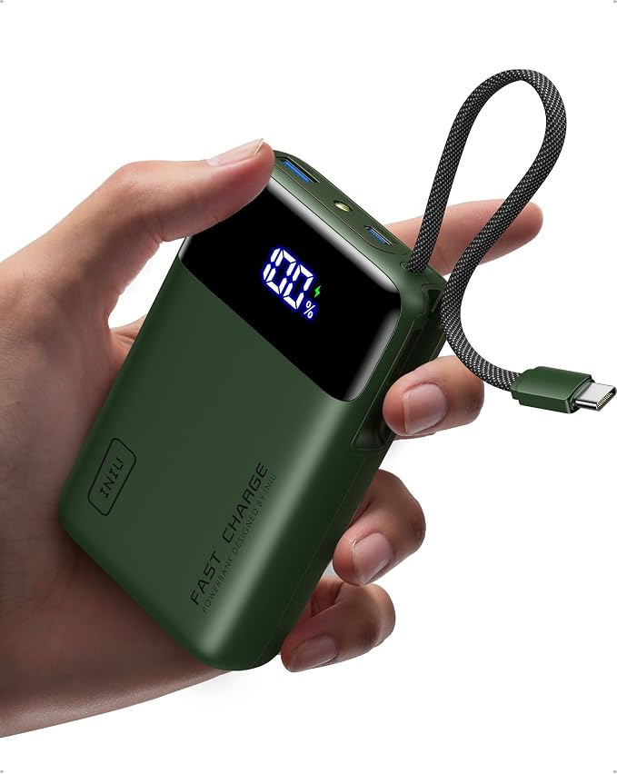 INIU 20000mAh Portable Charger, Smaller 45W Fast Charging Travel Power Bank | Flight-Safe, Built in USB-C Cable, Travel Essential, Battery Phone Pack for iPhone 17 16 Pro, Samsung S26, iPad etc, Green by INIU