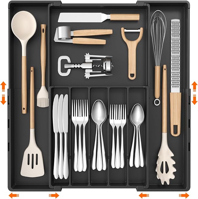Lifewit Expandable Silverware Drawer Organizer, Utensil Tray for Kitchen | BPA Free Flatware and Cutlery Holder, Adjustable Plastic Storage for Spoons Forks Knives, 12-20.5 x 11.3-19.4 x 1.7", Black by Lifewit