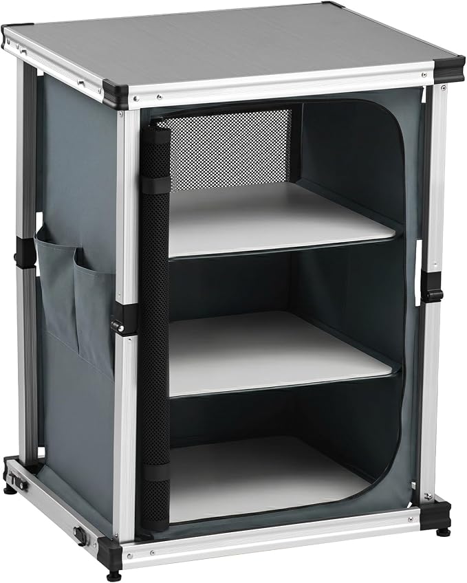 VEVOR Folding Camping Storage Cabinet, Outdoor Portable Aluminum Lightweight Table, Quick Set-up Compact Kitchen Cook Station, with 3 Shelves and Carry Bag, for Picnic, BBQ, Camping, RV Traveling - Image 9