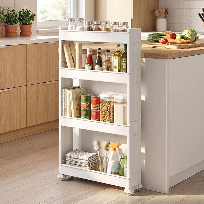 Giantex 4-Tier Slim Rolling Storage Cart, 5" W Narrow Slide Out Plastic Organizer Rack with Wheels, Mobile Utility Cart w/Shelving Unit for Kitchen, Bathroom, Office, Laundry Room - Image 2