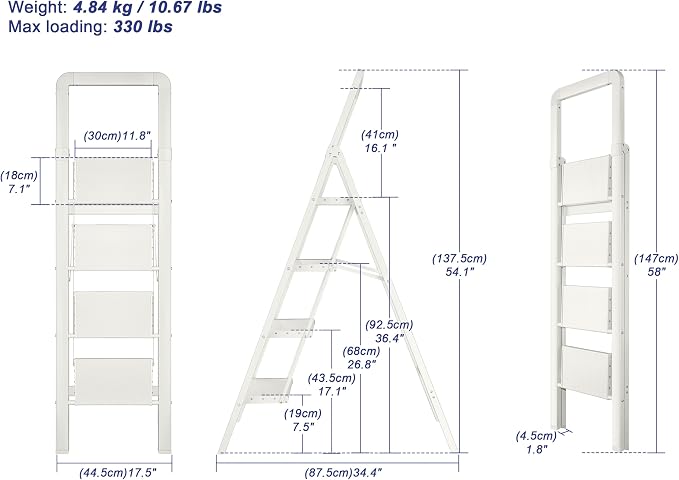 Step Ladder 4-Step White Finish Aluminum Folding Ladders | Anti-slip Sturdy Foldable Ladder Step Stool for Kitchen Home Office Libaray - Image 2