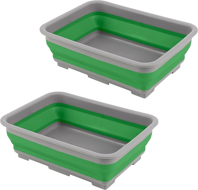 Collapsible Bucket for Cleaning 2-Pack - 7.27L Foldable Wash Bin Dish Tubs - Collapsible Wash Basin or Camping Sink Set for Beach, Tailgating or Soaking Laundry - Cleaning Supplies by Wakeman (Green) by Wakeman