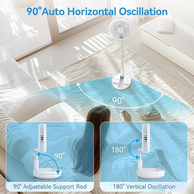 Portable Rechargeable Fan,7200mAh Battery Oscillating Fan with Remote | 6-21H,Foldable, 4 Speed Settings, Desk Travel Fan for Sleeping Camping Cruise, RV - White 8" - Image 3