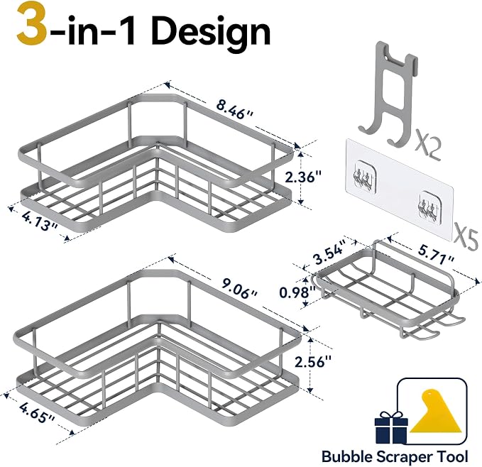 Corner Shower Caddy Adhesive, 100% Rustproof Shower Organizer with Soap Holder, No Drill Shower Shelf for Inside Shower, Wall-Mounted Shower Storage for Homes (3 Pack, Grey) - Image 2