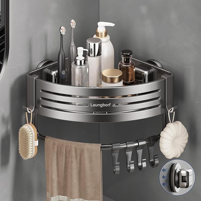 Corner Shower Caddy Suction Cup, Gray (1 Pack) | Rustproof aluminum shelf with towel bar & hooks. No-drill removable wall storage. Strong suction by Laungborf