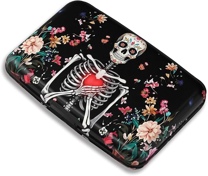Maicican RFID Blocking Aluminum Credit Card Holder | Slim Metal Wallet for Women & Men, Business Card Case for Travel, Fits Front Pocket, Card holder wallet - Flower Skull by Maicican