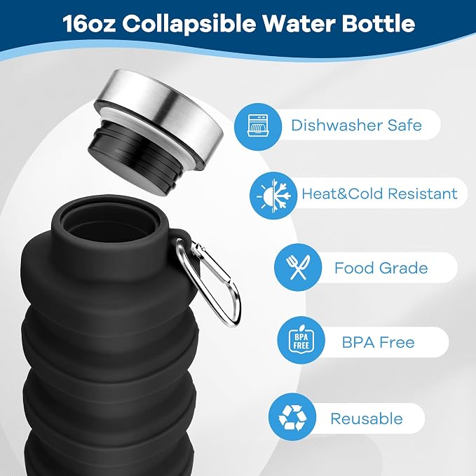 Collapsible Water Bottle,17oz Reusable BPA Free Silicone Foldable Water Bottles for Travel Gym Camping Hiking Outdoor Indoor Sport-(Black+Gray) - Image 4