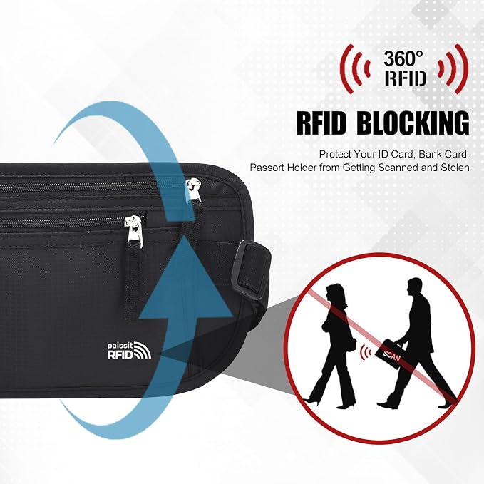 Small Unisex Money Belt For Men and Women, Slim Passport Holder RFID Blocking Travel Essentials Pouch with Adjustable Strap Small Waist Pouch for Workout Running Travelling Hiking, Black & 8 Sleeves - Image 2