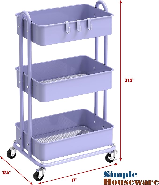 Simple Houseware 3-Tier Heavy Duty Metal Utility Rolling Cart, Purple - Image 6