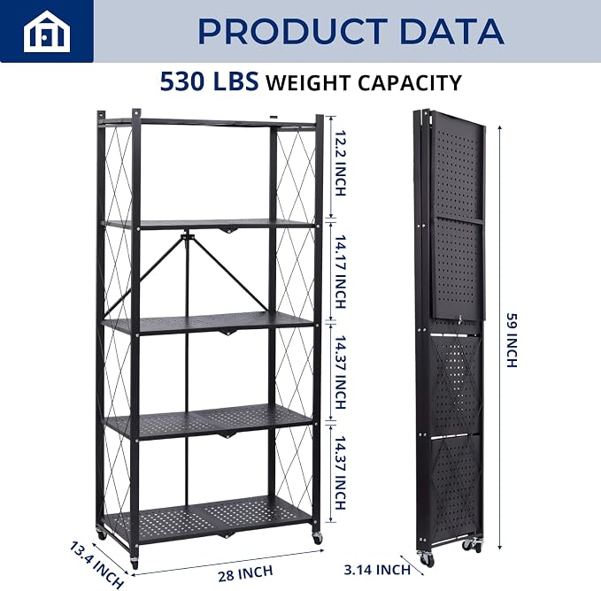 5 Tier Foldable Storage Shelf with Wheels, Heavy-Duty Metal Shelving Unit, No Assembly Book Shelf Rolling Storage Rack for Garage, Kitchen, Pantry, Closet, Exhibition, Office Decor, Black - Image 2