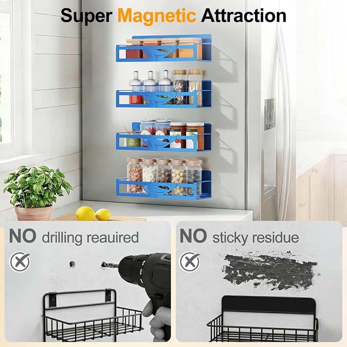 Magnetic Spice Rack for Refrigerator, 4 Pack Metal Magnetic Shelf Organizer for Fridge Side, Strong Spice Storage Rack for Kitchen, Dark Blue - Image 4