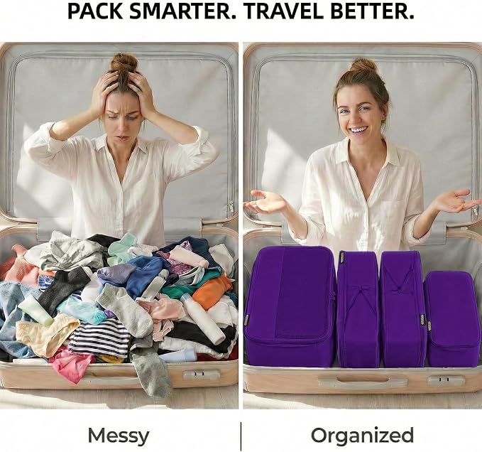 4 Piece Compression Packing Cubes for 3–7 Day Travel, Space Saving Travel Organizers with Breathable Mesh, Double-Zipper Packing Cubes for Carry-On & Suitcases (Lavender) - Image 4